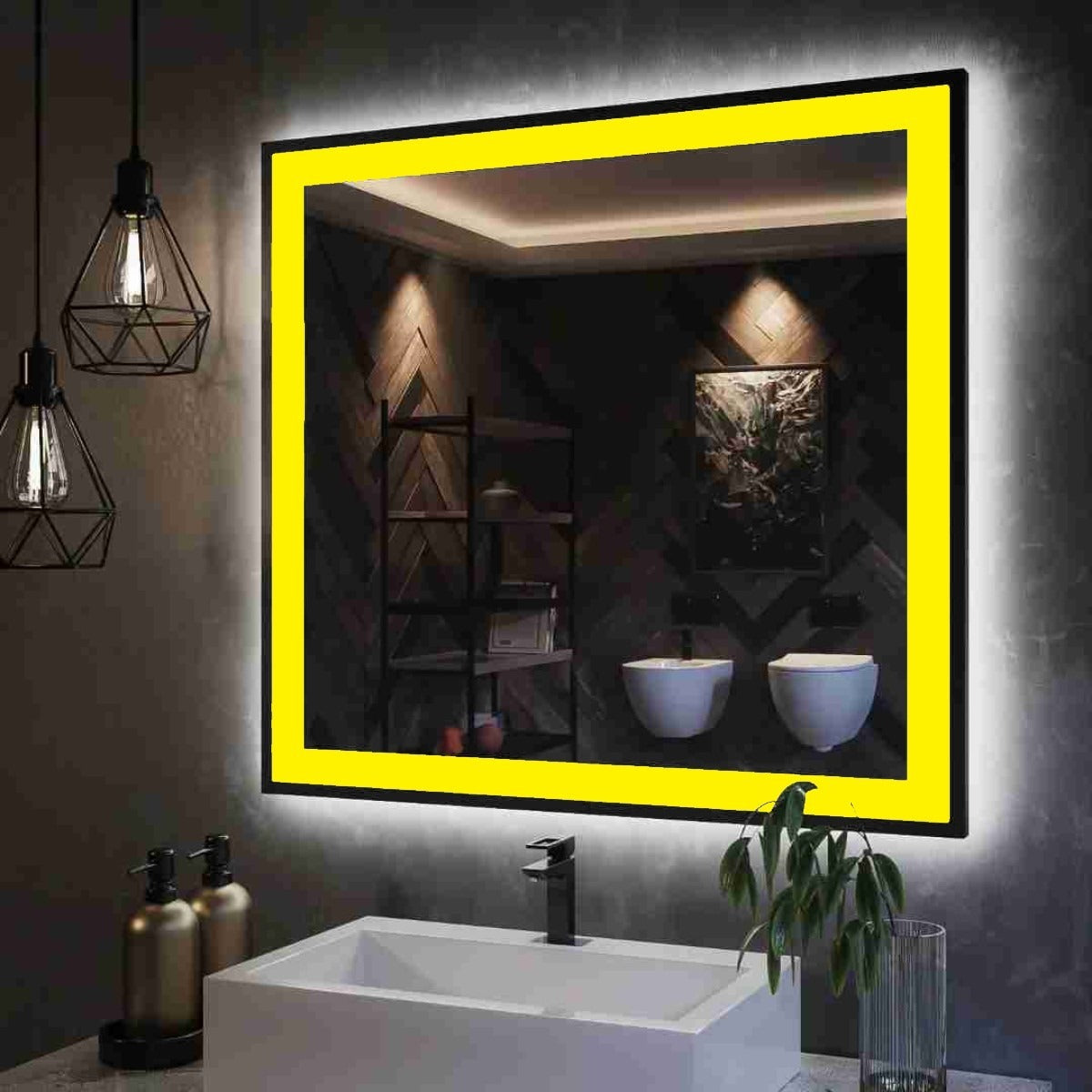 Espelho com Led Jateado Quadrado 60x60 Cm Touch-Screen Bivolt