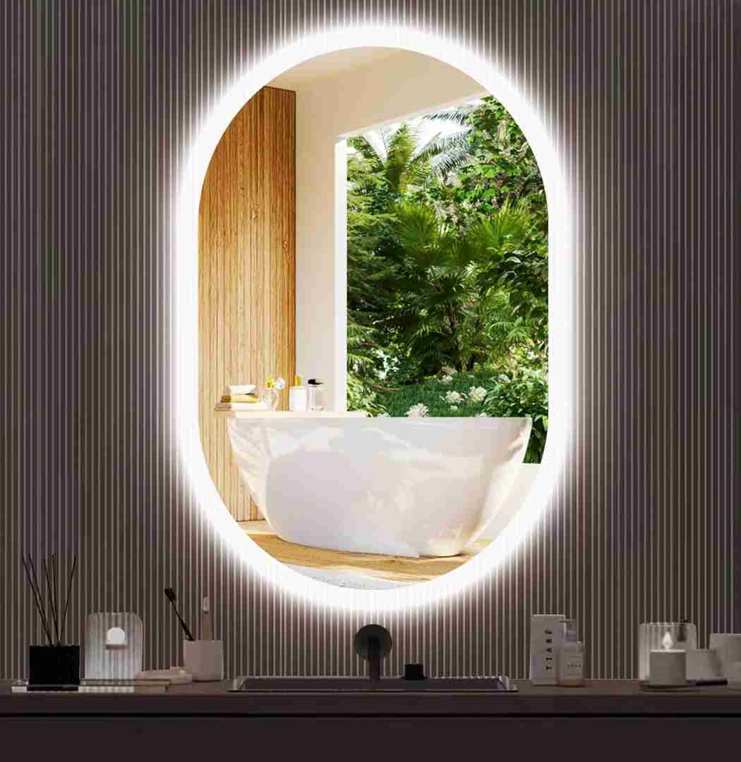 Espelho Oval Jateado com LED 70x50 cm Lapidado com Touch-Screen Premium