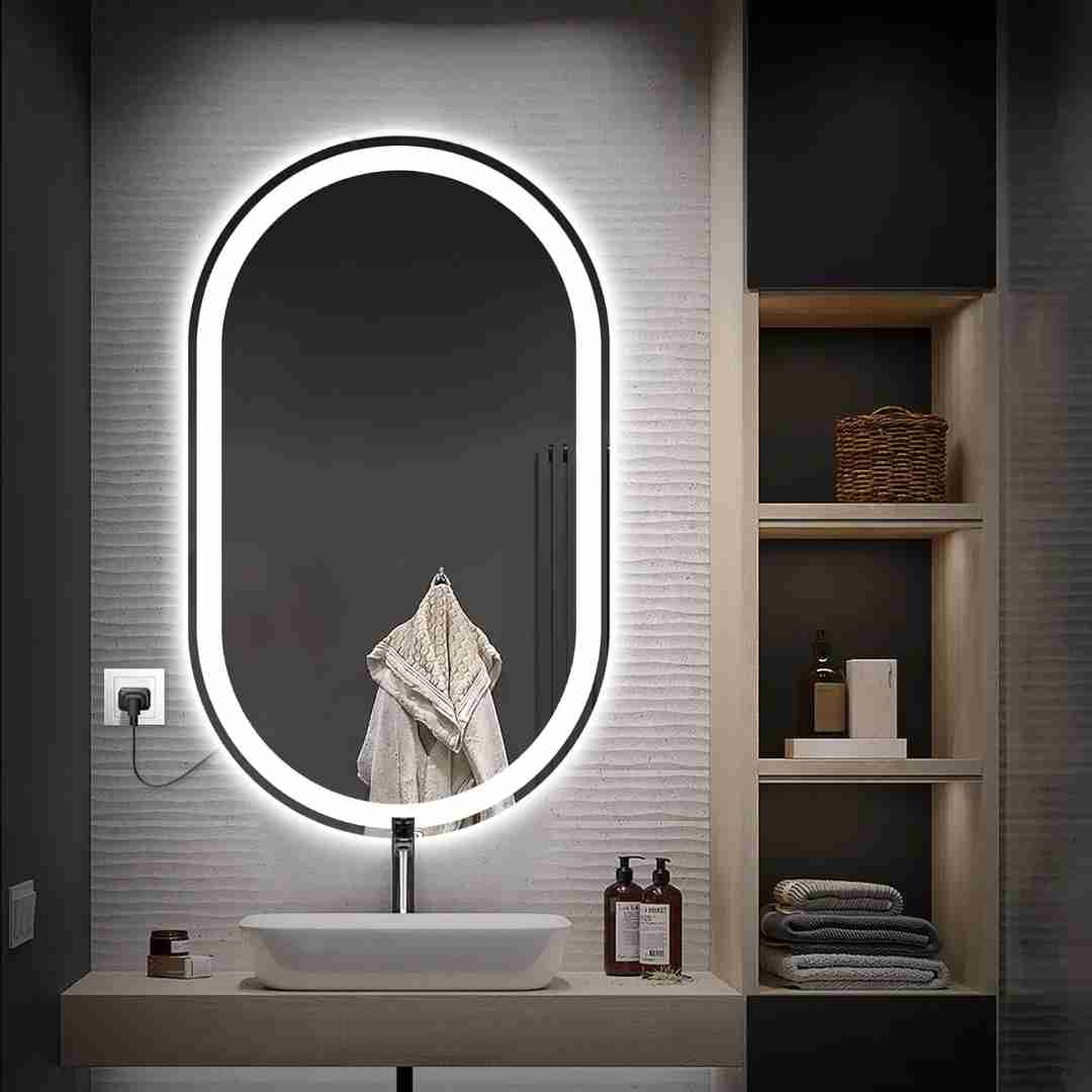 Espelho Oval Jateado com LED 130x70 Cm Lapidado com Touch-Screen