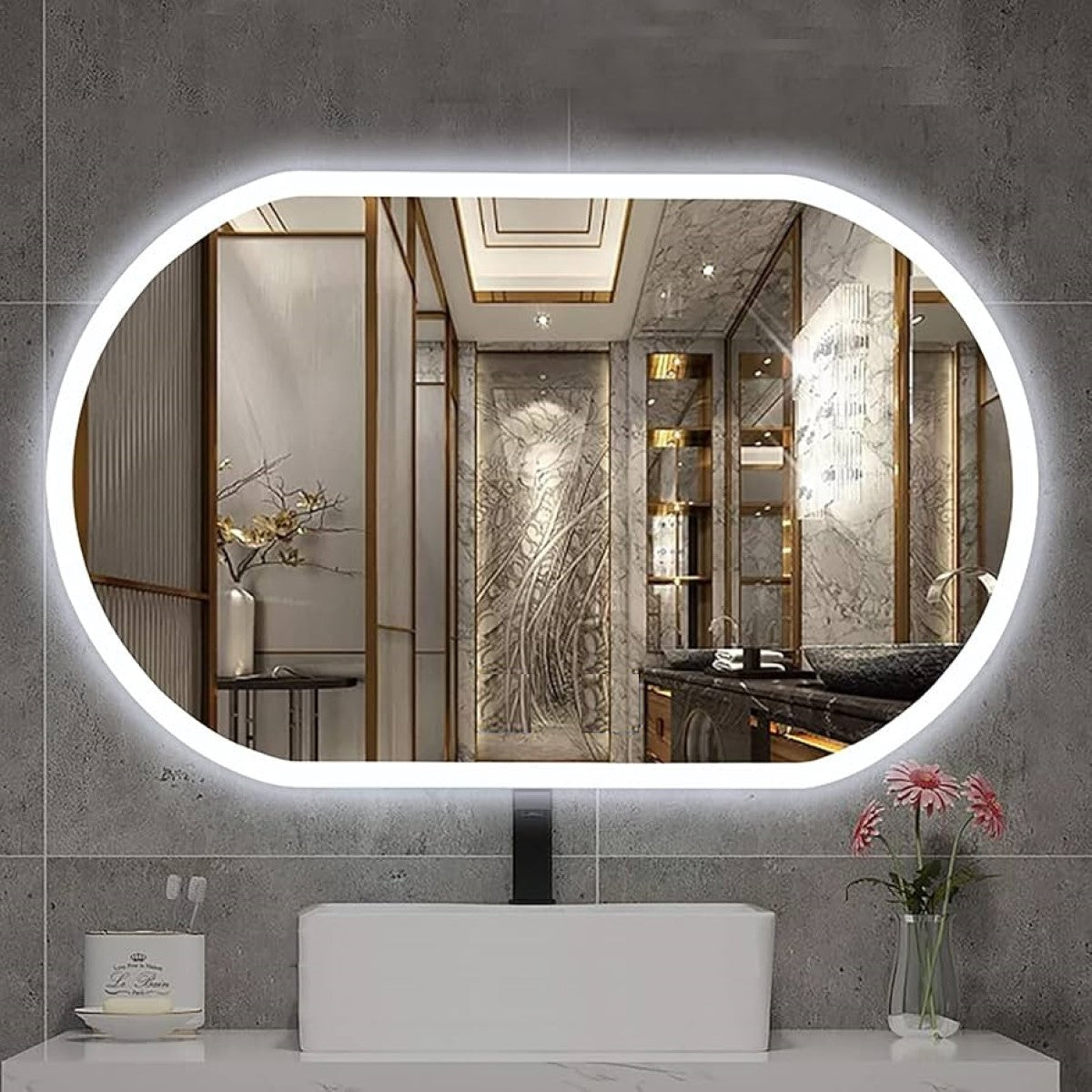 Espelho Oval Borda Infinita com LED 90x70 Cm Lapidado com Touch-Screen