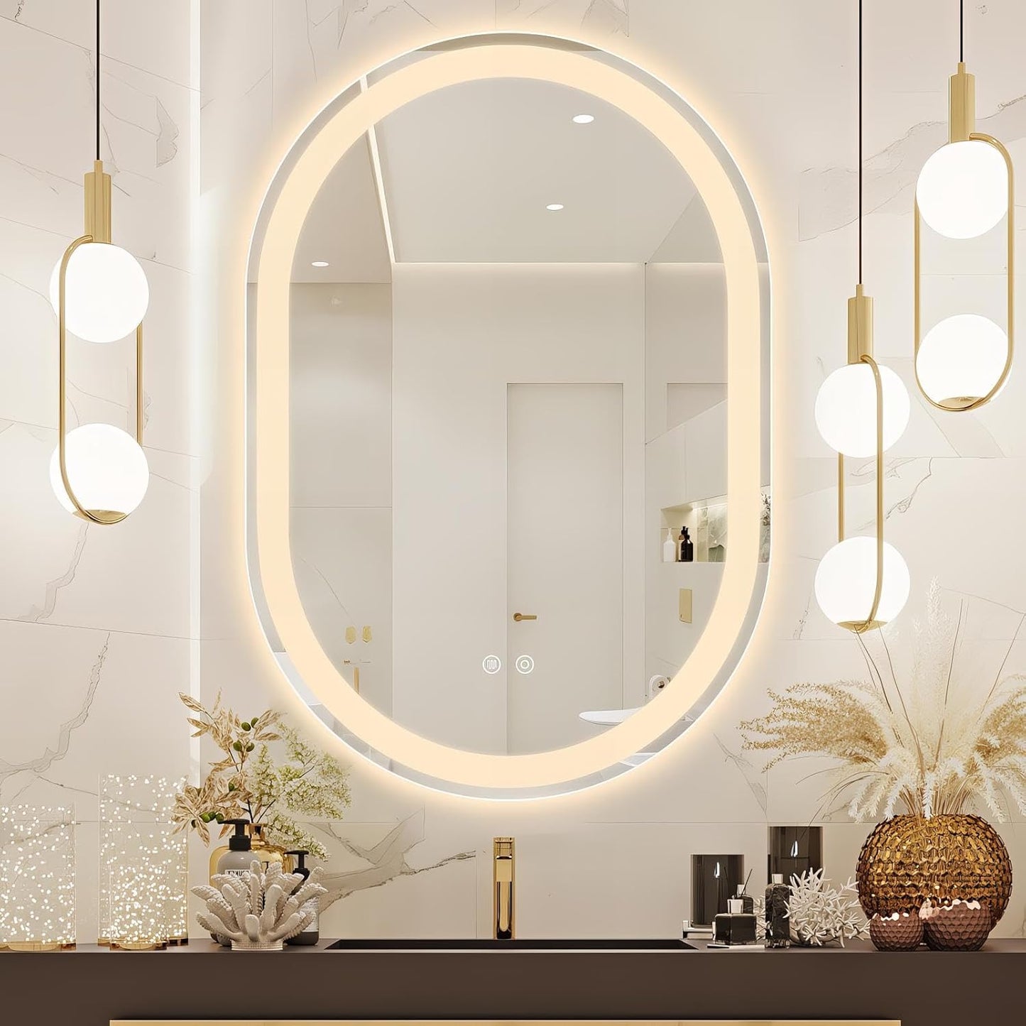 Espelho Oval Jateado com LED 110x80 cm Lapidado com Touch-Screen Premium