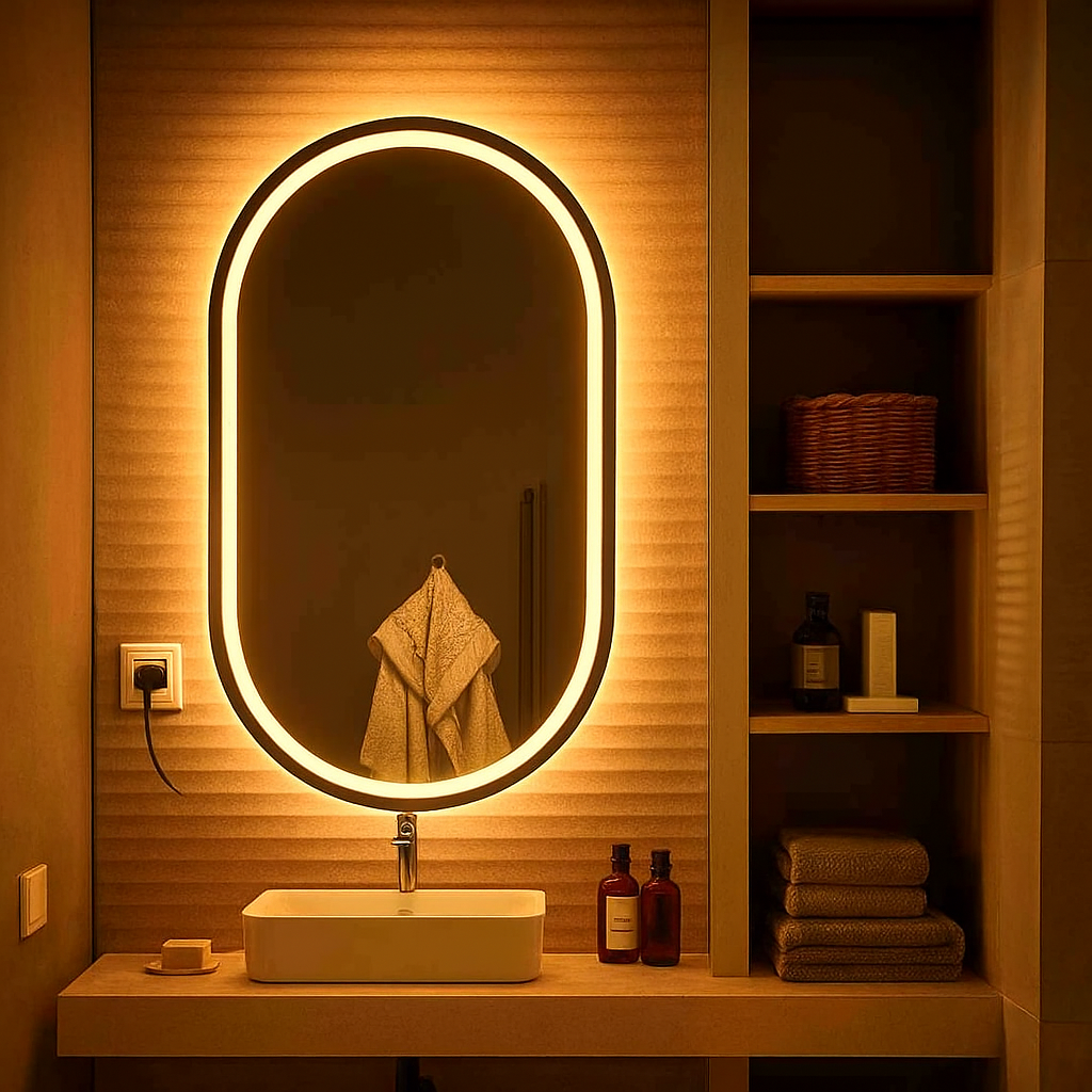 Espelho Oval Jateado com LED 130x70 Cm Lapidado com Touch-Screen