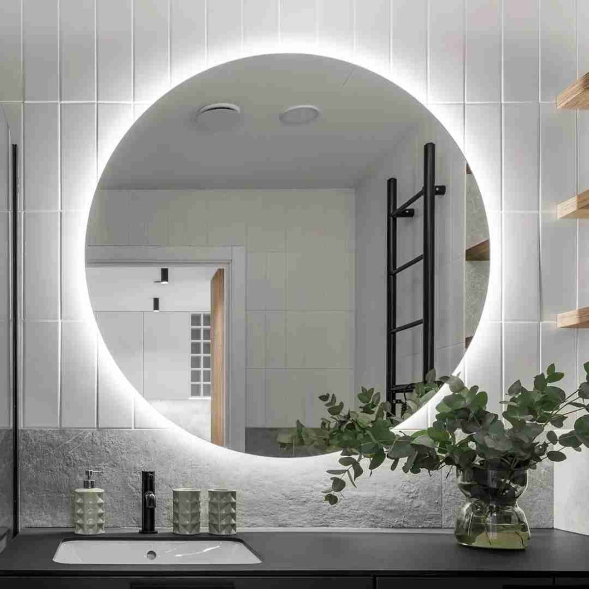 Espelho com Led Redondo Luz de Fundo 80x80 Cm Lapidado Touch Screen Premium
