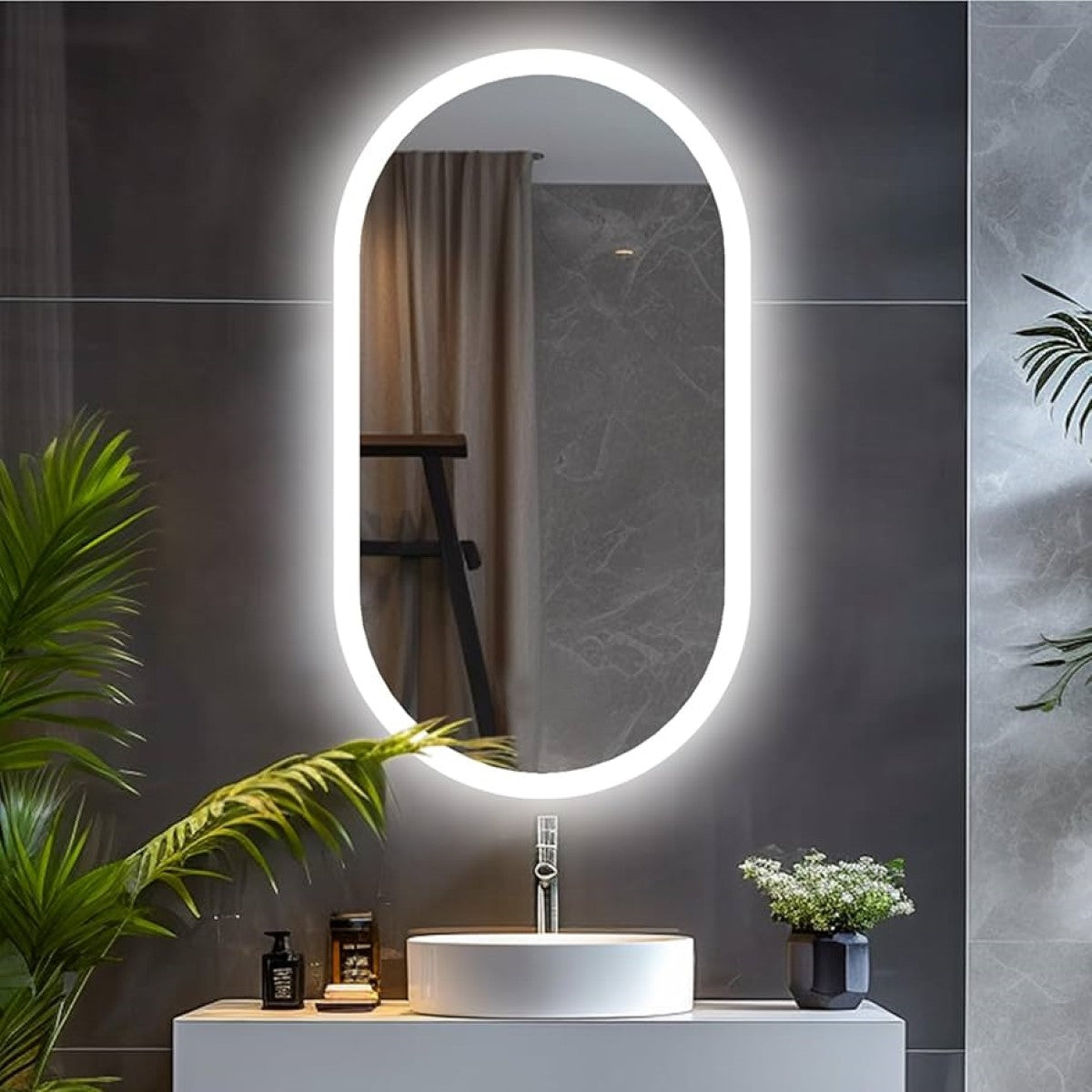 Espelho Oval Borda Infinita LED 130x70 Cm Lapidado Touch-Screen