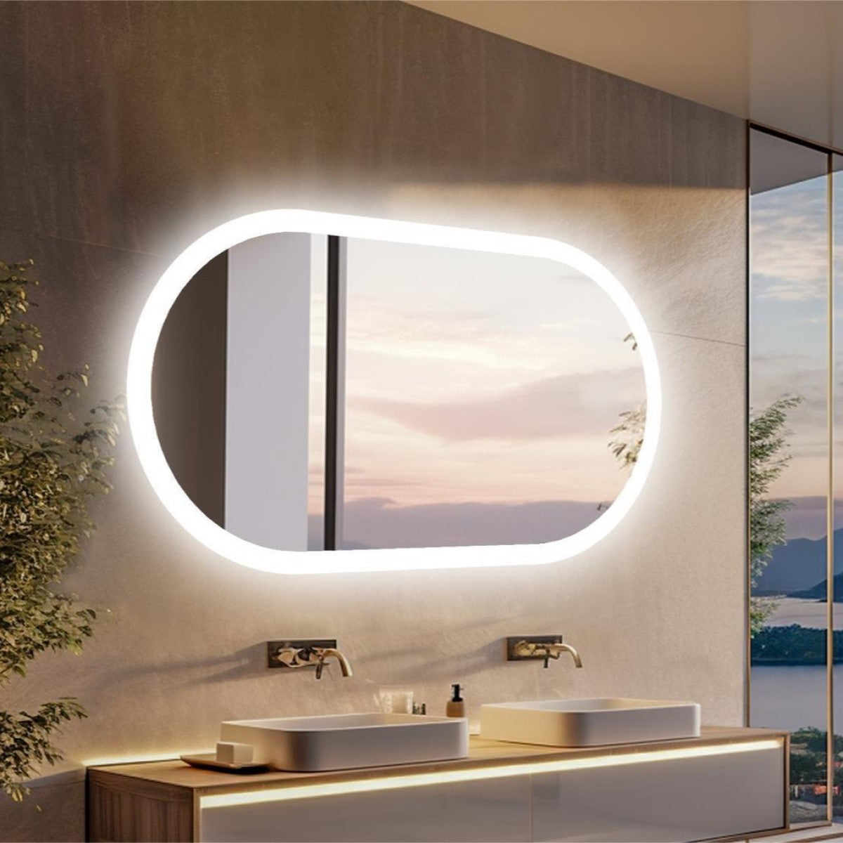 Espelho Oval Borda Infinita LED 110x80 Cm Lapidado Touch-Screen