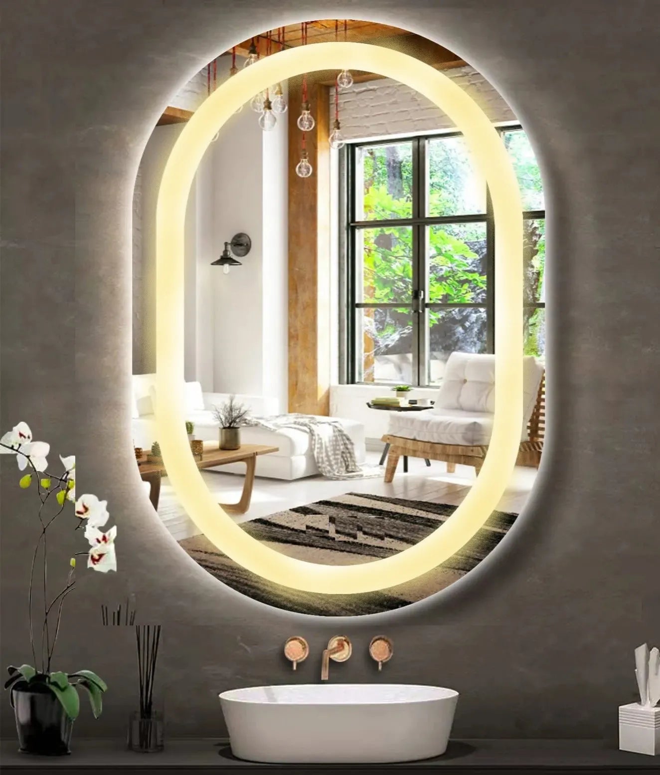 Espelho Oval Jateado com LED 70x50 cm Lapidado com Touch-Screen Premium