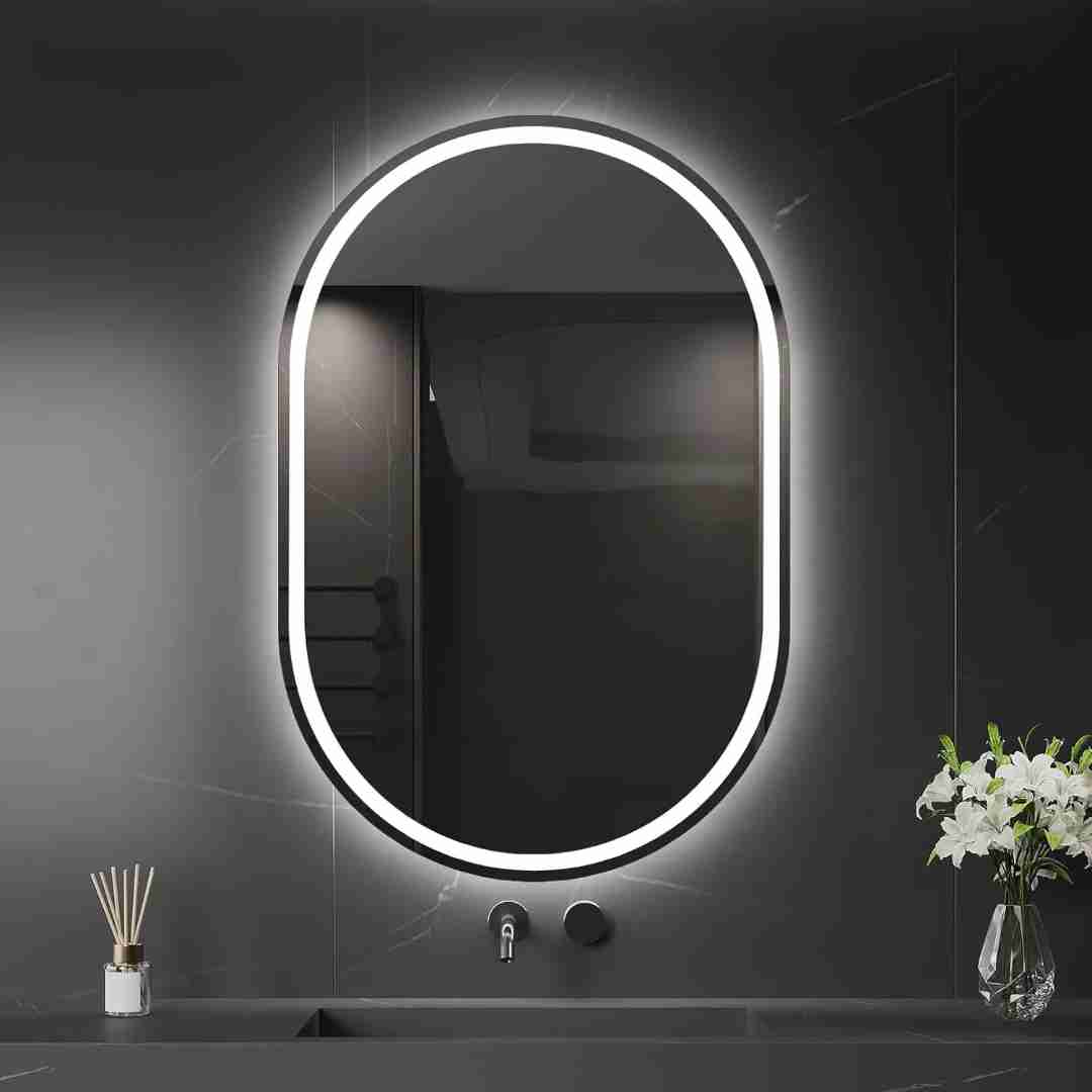 Espelho Oval Jateado com LED 90x70 cm Lapidado com Touch-Screen Premium
