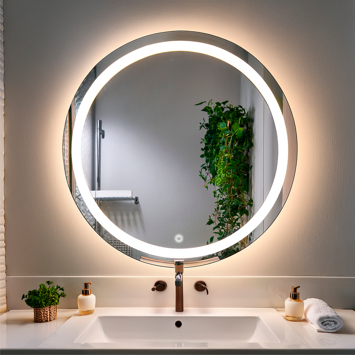 Espelho Redondo Jateado Com Led 50x50 Iluminado Led Touch Screen