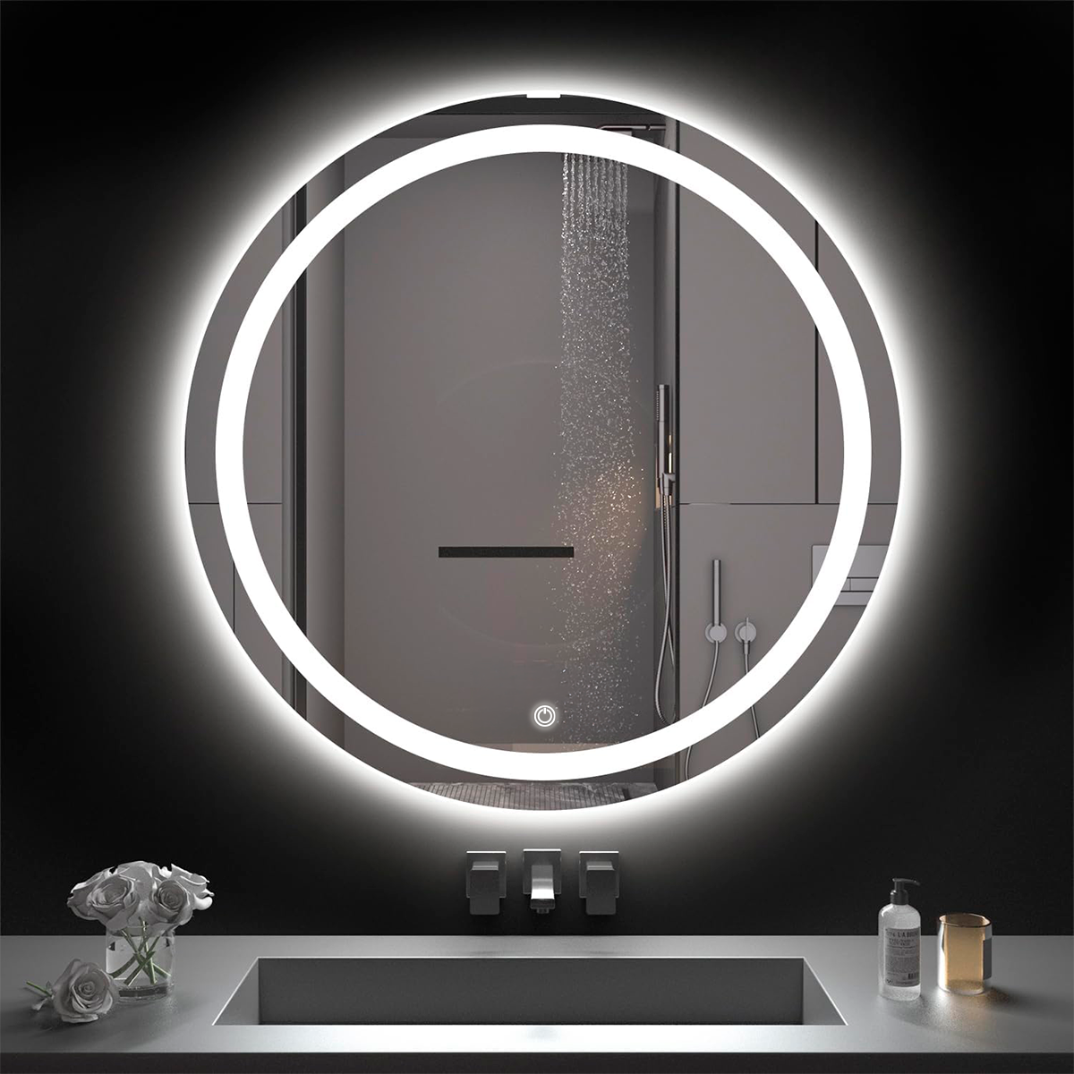 Espelho Redondo Jateado Com Led 50x50 Iluminado Led Touch Screen