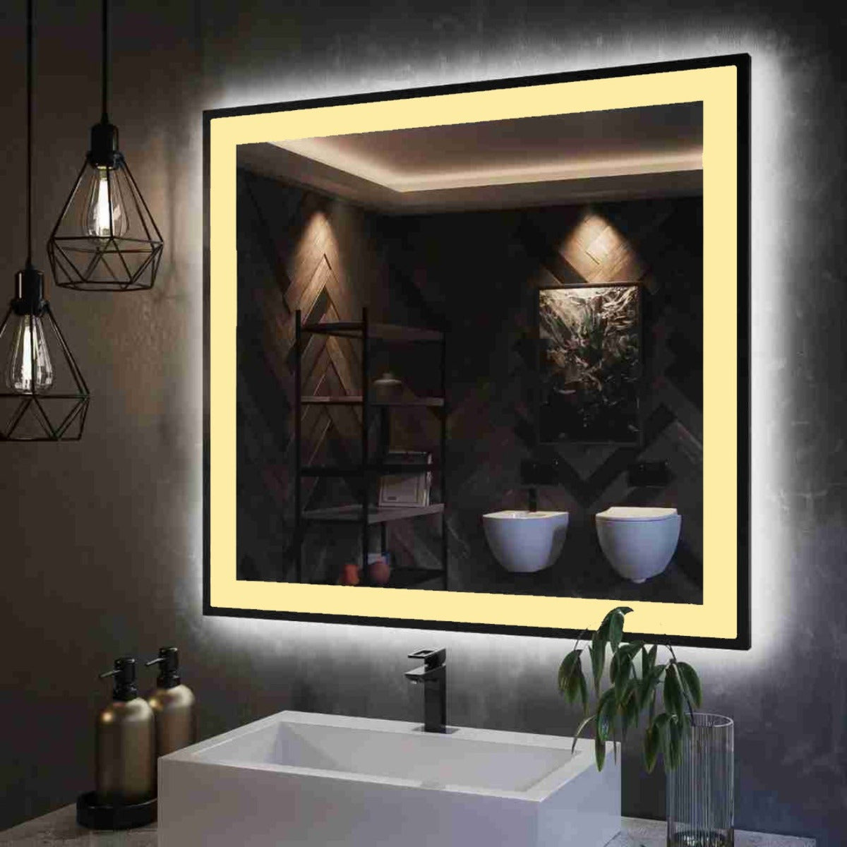 Espelho com Led Jateado Quadrado 70x70 Cm Touch-Screen Bivolt