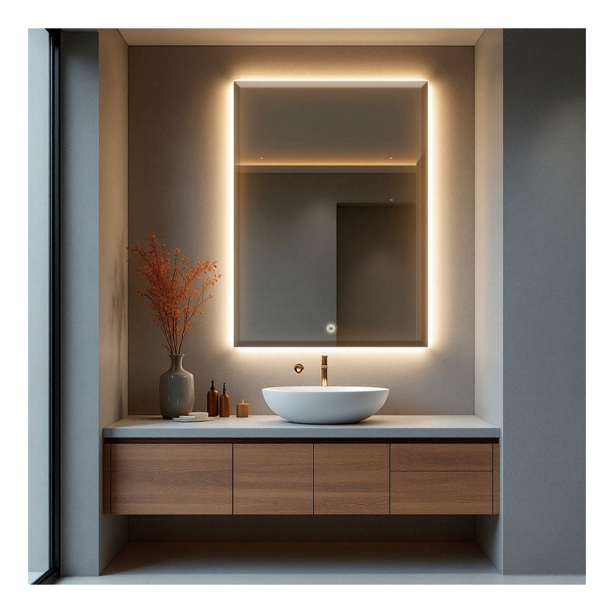 Espelho Bisotê Com Led Indireto 80x60 Cm Retangular Luxo com Botão Touch