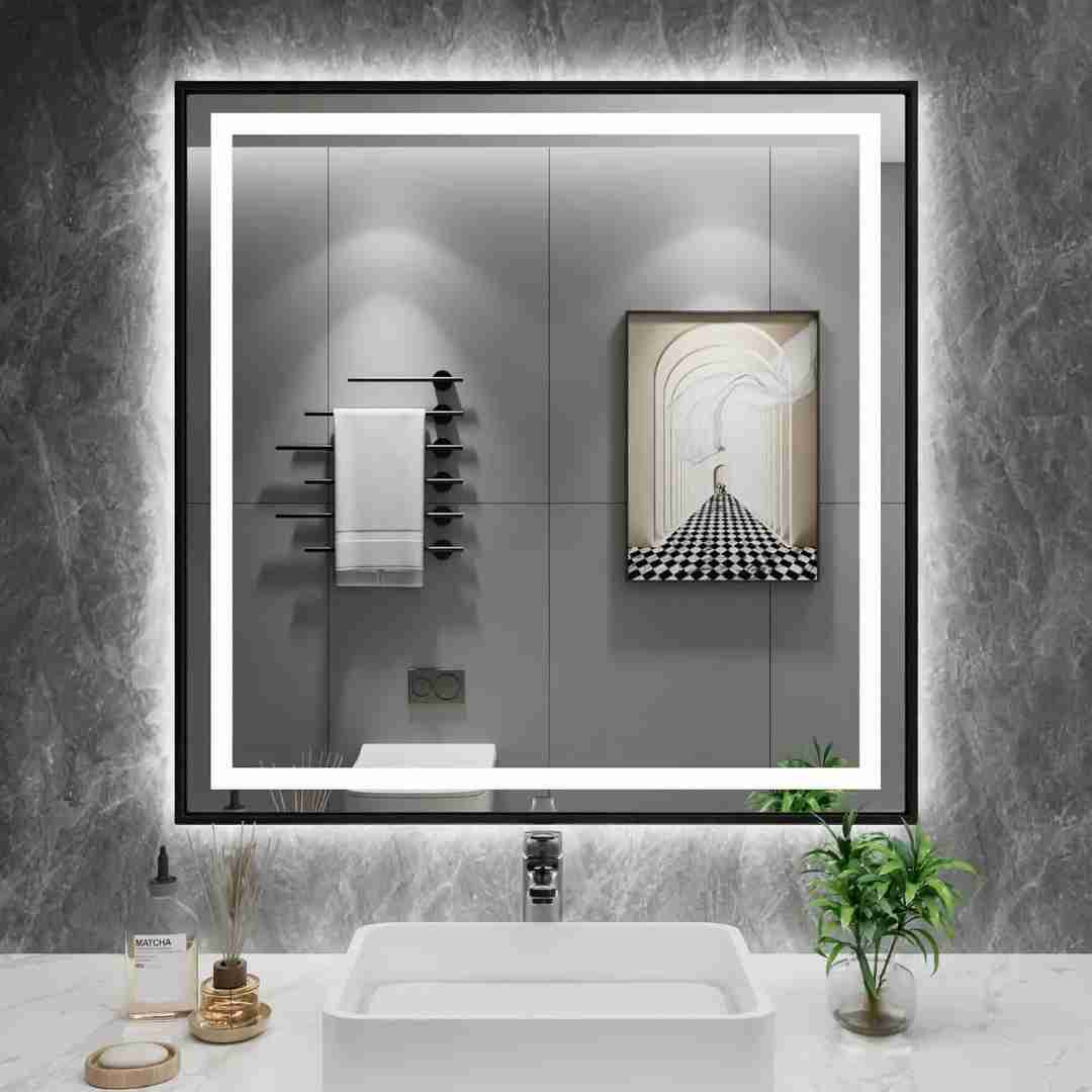 Espelho com Led Jateado Quadrado 120x120 Cm Botão Touch-Screen Bivolt