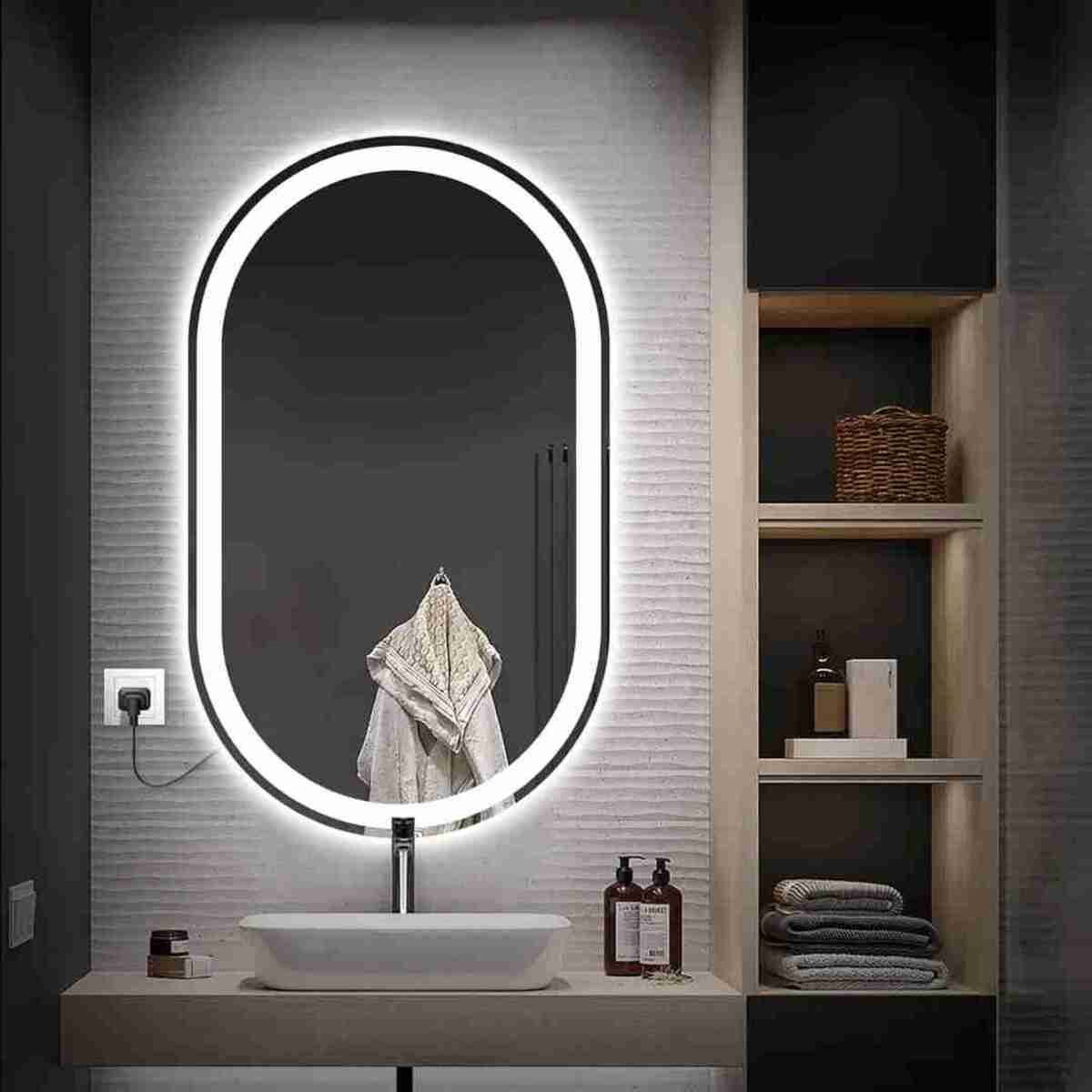 Espelho Oval Jateado com LED 110x80 cm Lapidado com Touch-Screen Premium