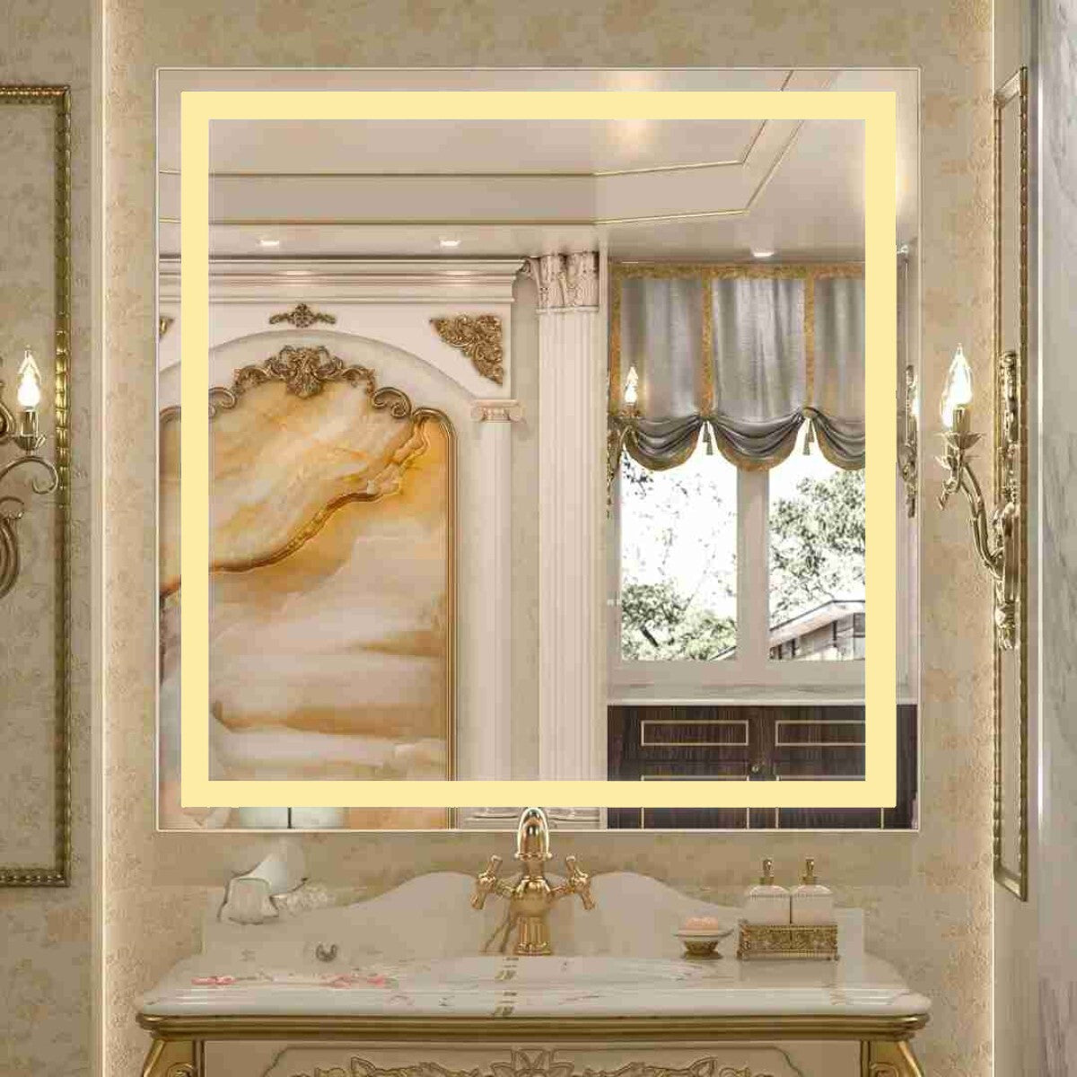 Espelho com Led Jateado Quadrado 110x110 Cm Touch-Screen Bivolt