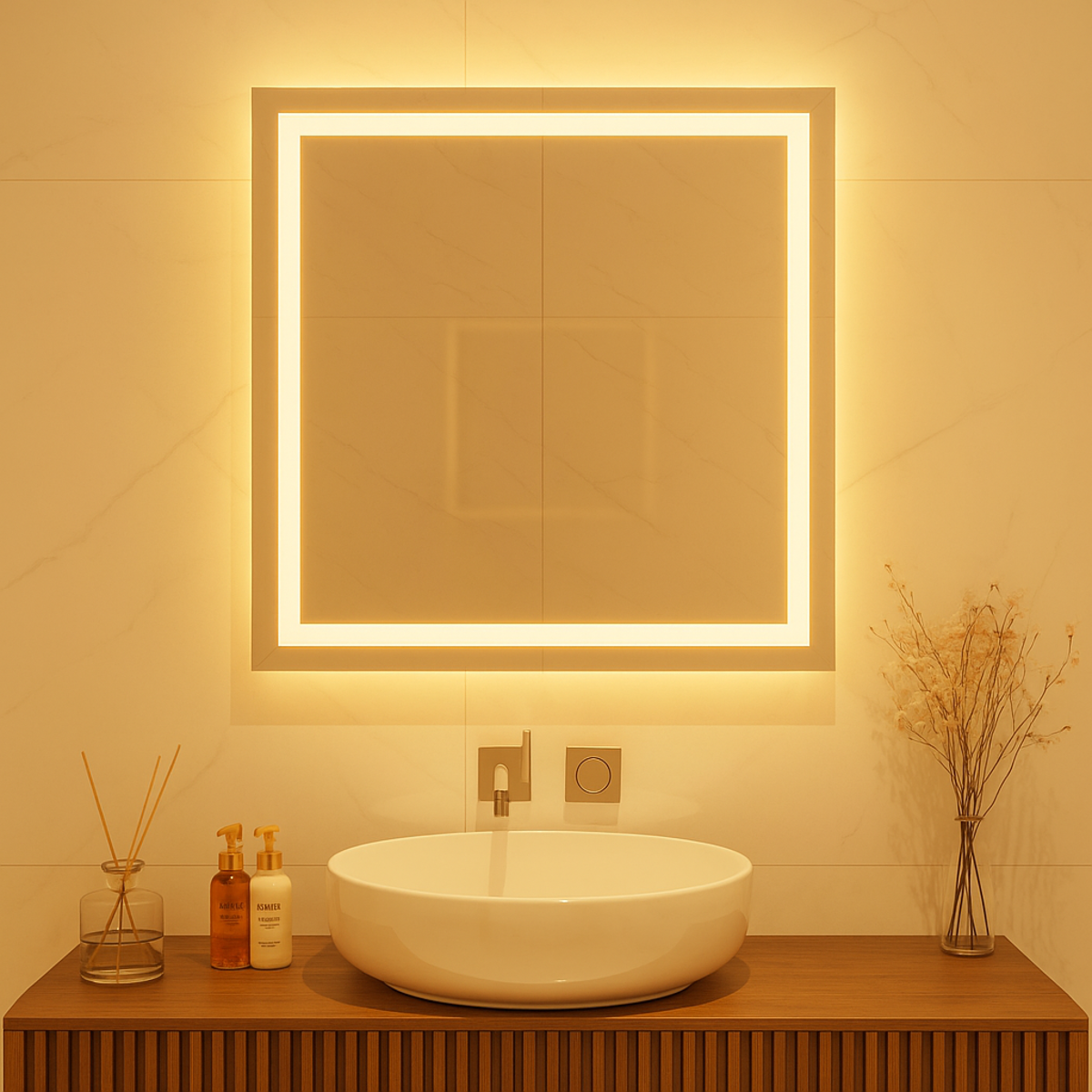 Espelho com Led Jateado Quadrado 90x90 Cm Touch-Screen Bivolt