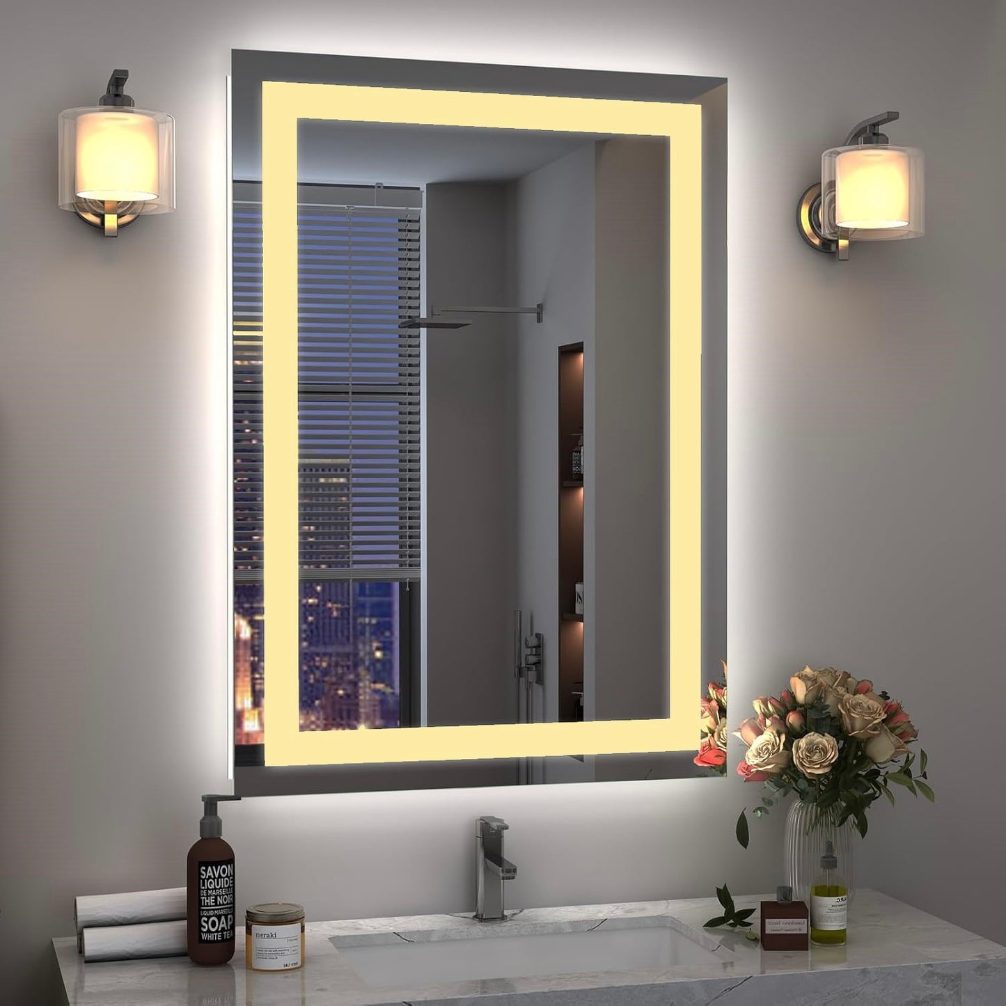 Espelho com Led Retangular Jateado 110x80 Cm Botão Touch Bivolt 110/220 V
