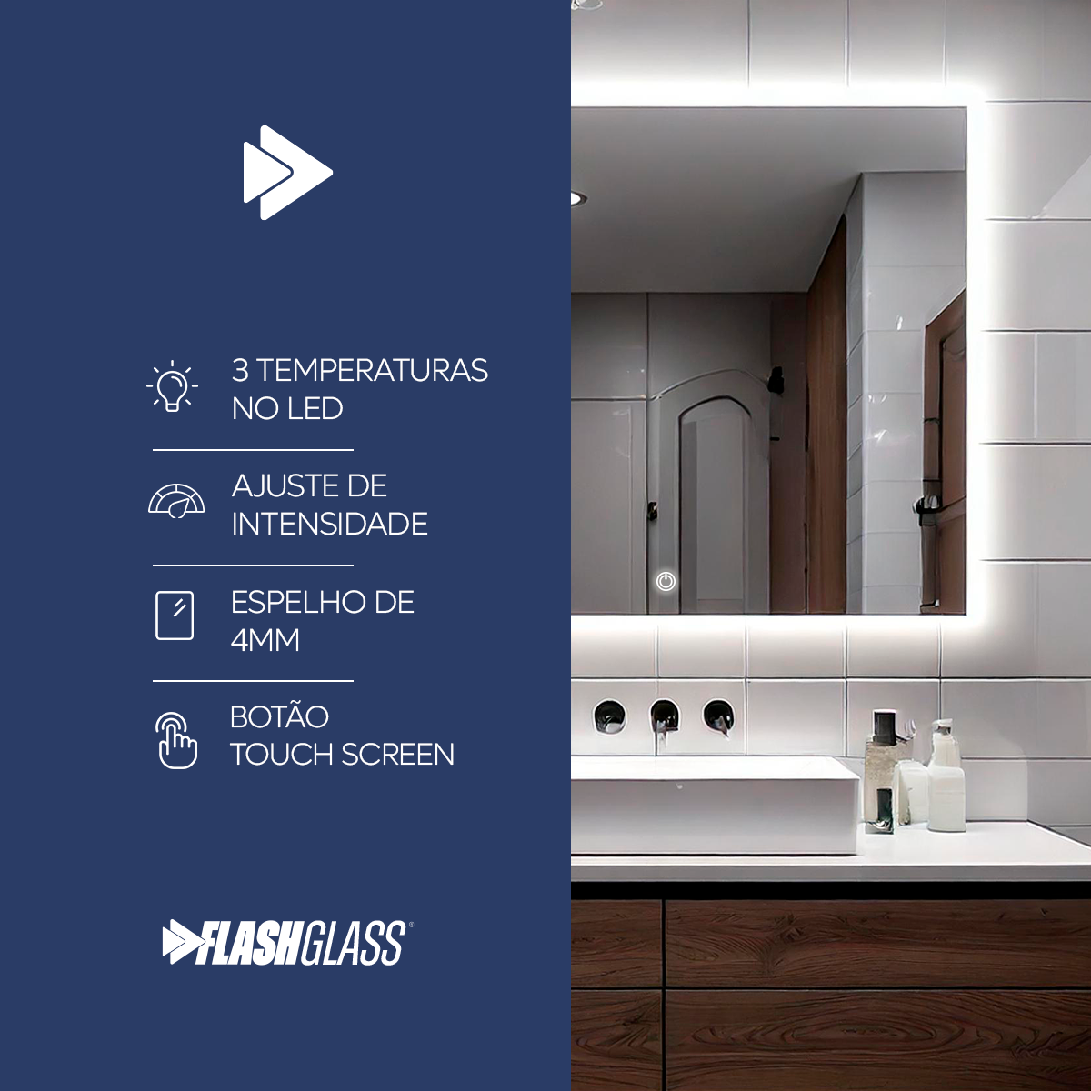 Espelho Bisotê Com Led Indireto 80x60 Cm Retangular Luxo com Botão Touch