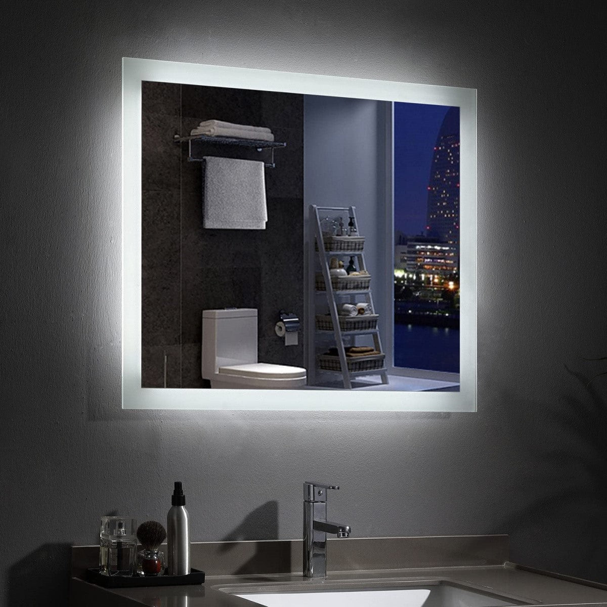 Espelho Quadrado Grande Borda Infinita Jateado 120x120 Cm Botão Touch Luxo