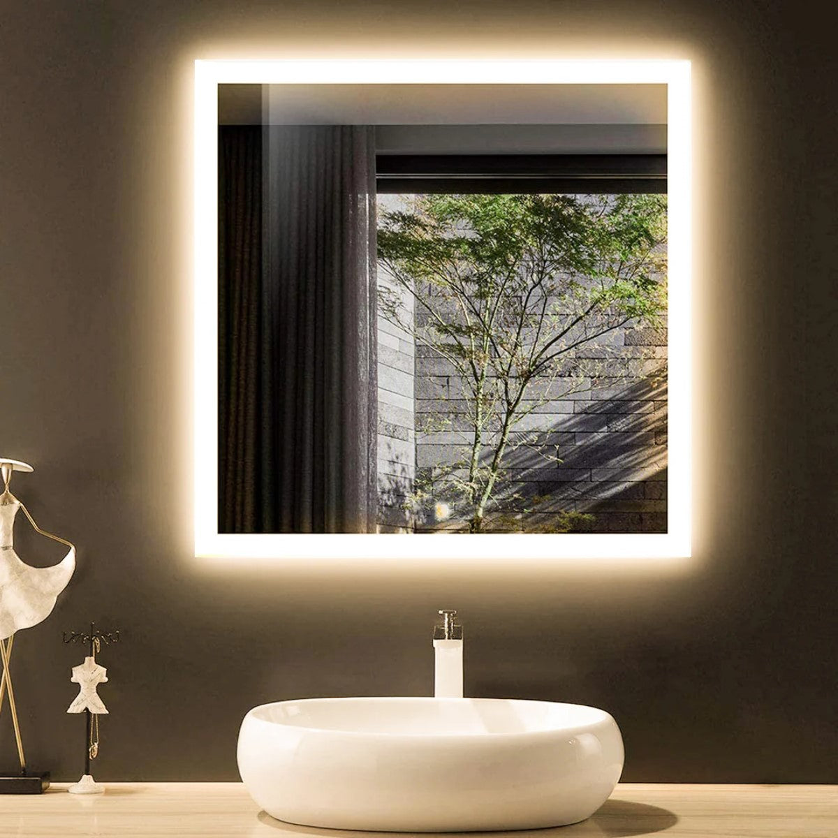 Espelho Quadrado Grande Borda Infinita Jateado 120x120 Cm Botão Touch Luxo