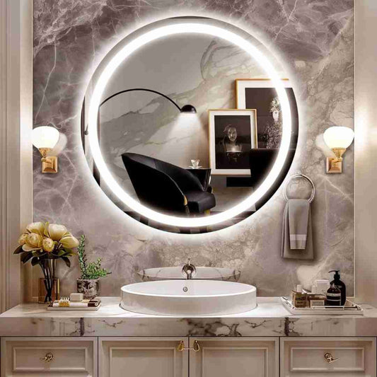 Espelho Redondo com Led Jateado 80x80 Cm Lapidado Touch Screen