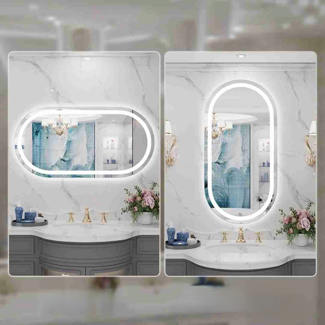 Espelho Oval Jateado com LED 130x70 Cm Lapidado com Touch-Screen