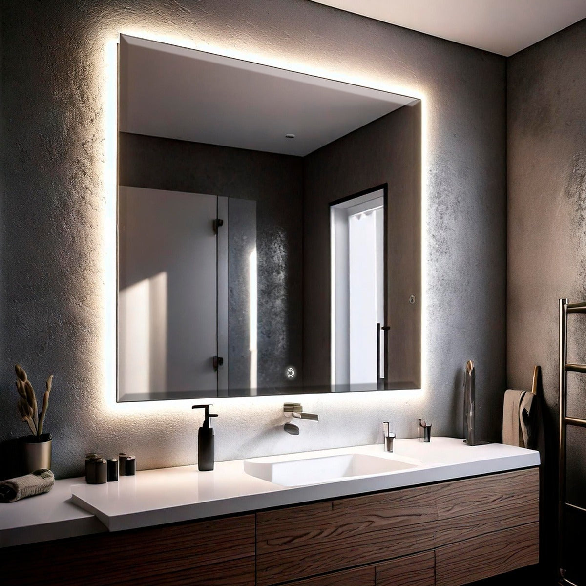 Espelho Bisotê Com Led Quadrado 70x70 Cm Luz Indireta Fundo