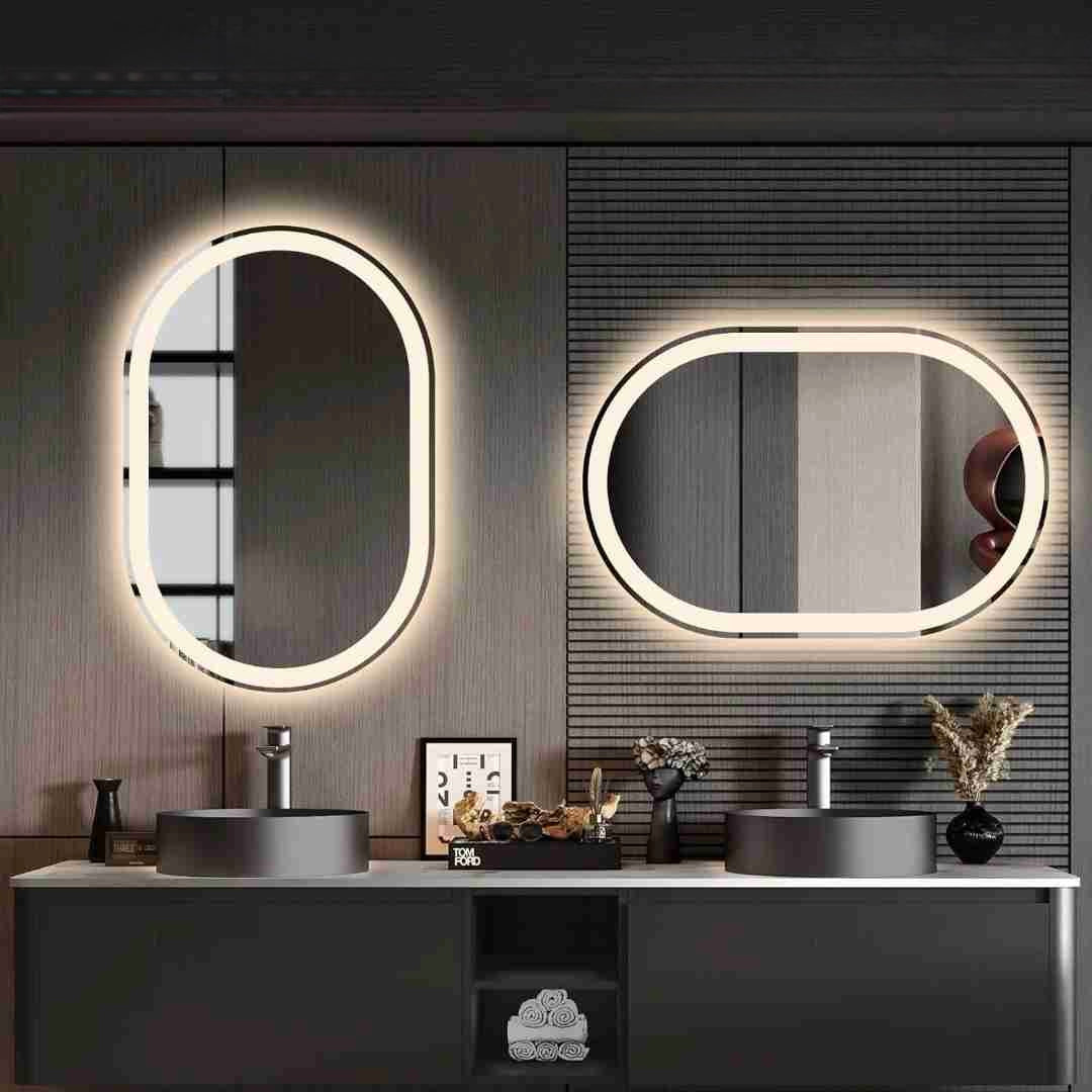 Espelho Oval Jateado com LED 130x70 Cm Lapidado com Touch-Screen