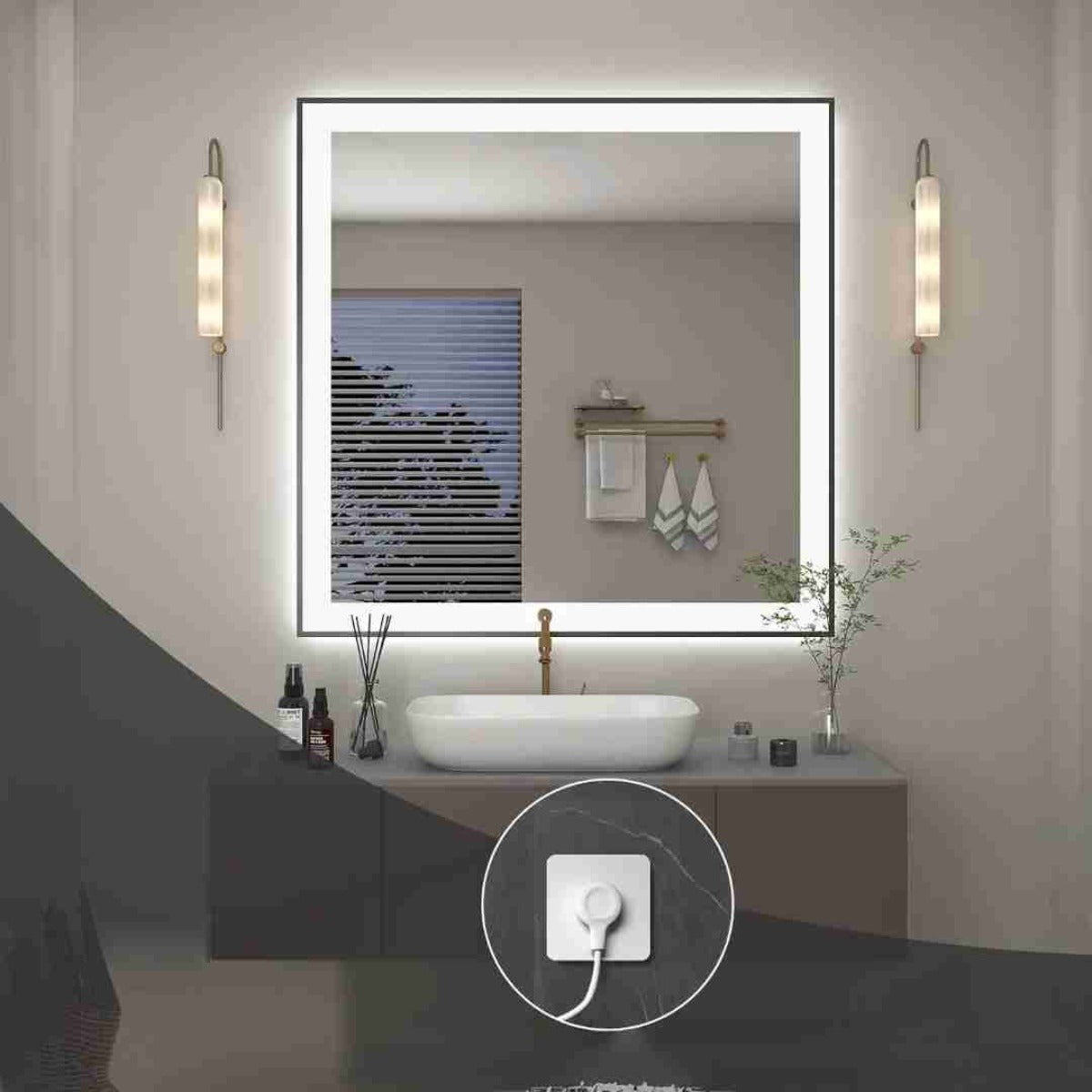 Espelho com Led Jateado Quadrado 60x60 Cm Touch-Screen Bivolt