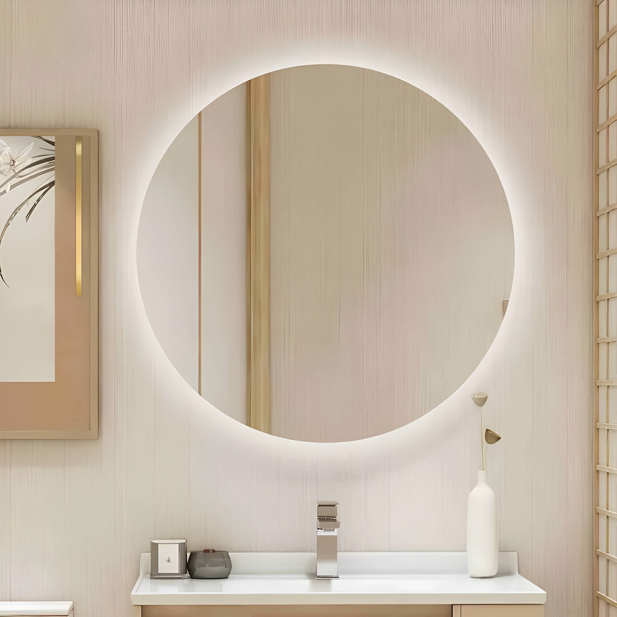 Espelho com Led Redondo Luz de Fundo 80x80 Cm Lapidado Touch Screen Premium