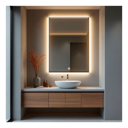 Espelho Bisotê Led Retangular 70x50 Cm Iluminação de Fundo com Botão Touch Luxo