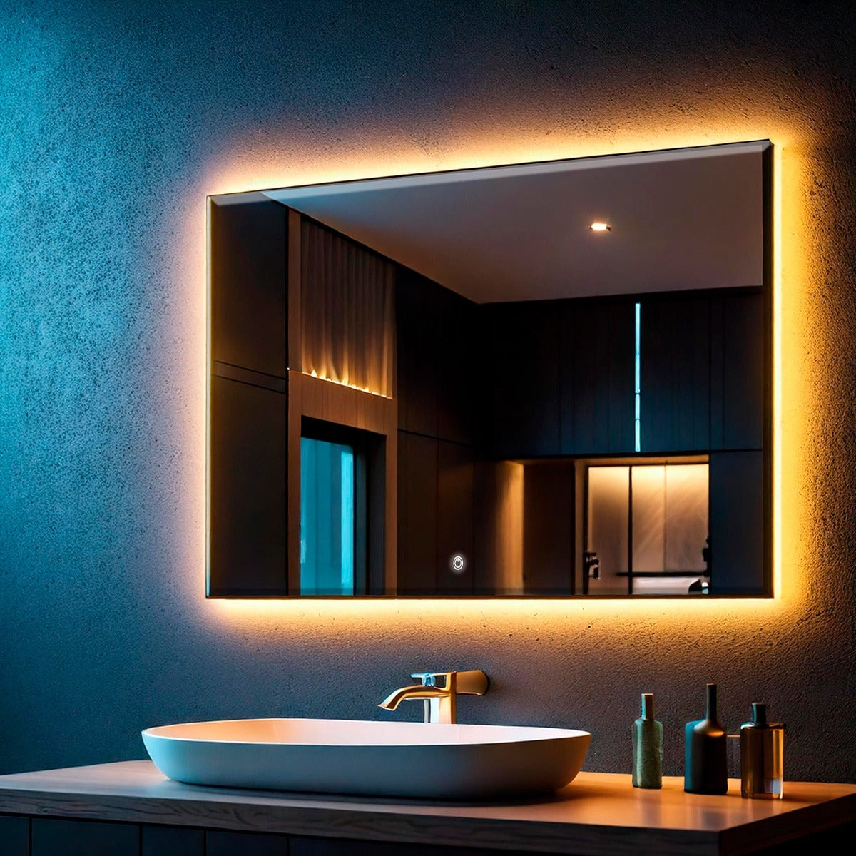 Espelho Bisotê Led Retangular 70x50 Cm Iluminação de Fundo com Botão Touch Luxo