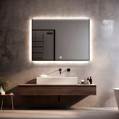 Espelho Bisotê Led Retangular 70x50 Cm Iluminação de Fundo com Botão Touch Luxo