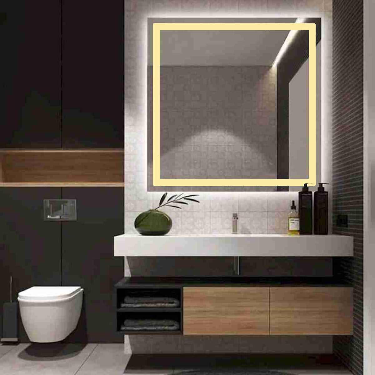 Espelho com Led Jateado Quadrado 100x100 Cm Touch-Screen Bivolt