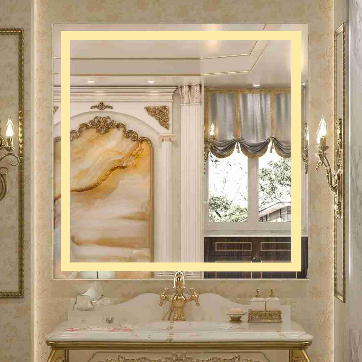 Espelho com Led Jateado Quadrado 100x100 Cm Touch-Screen Bivolt