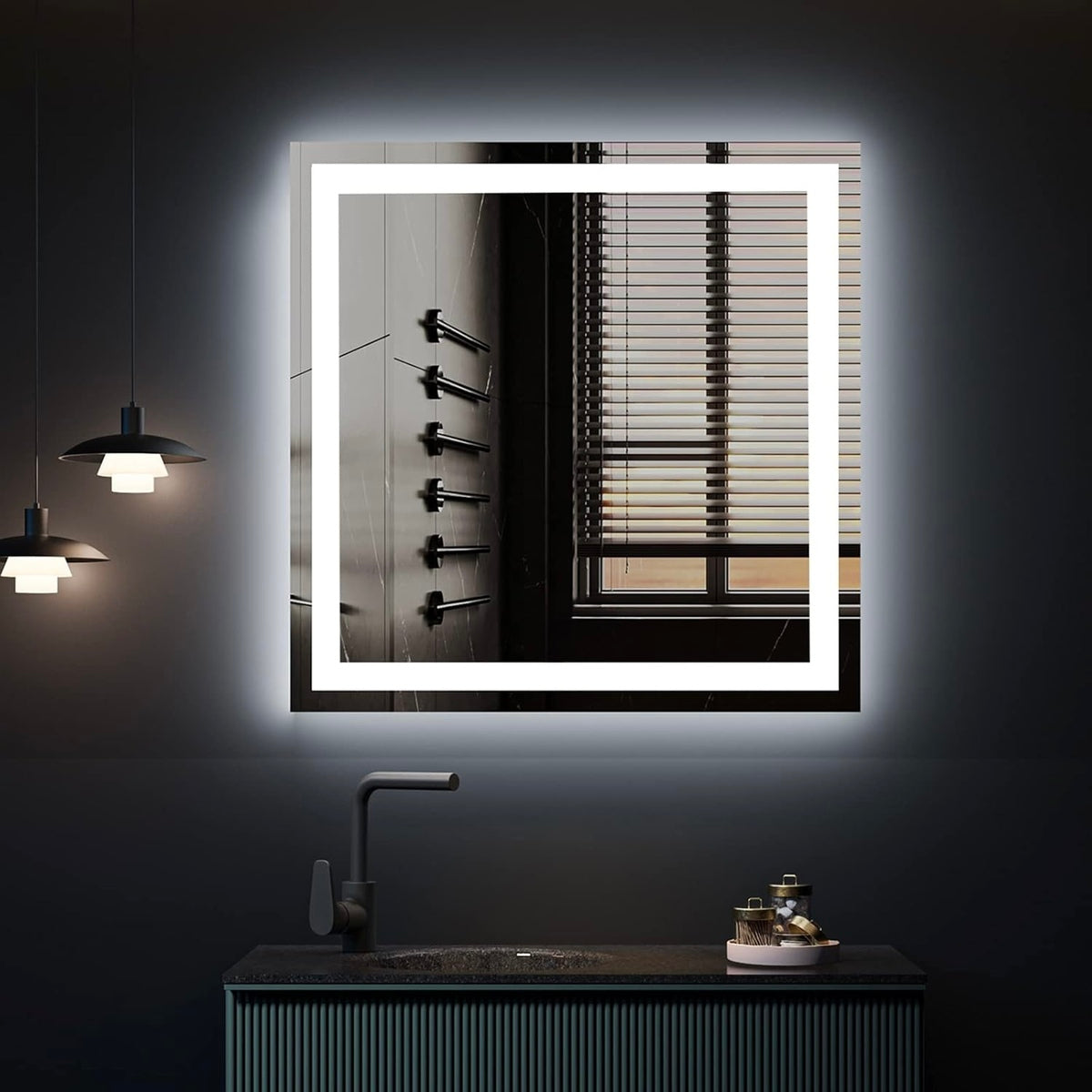 Espelho com Led Jateado Quadrado 100x100 Cm Touch-Screen Bivolt