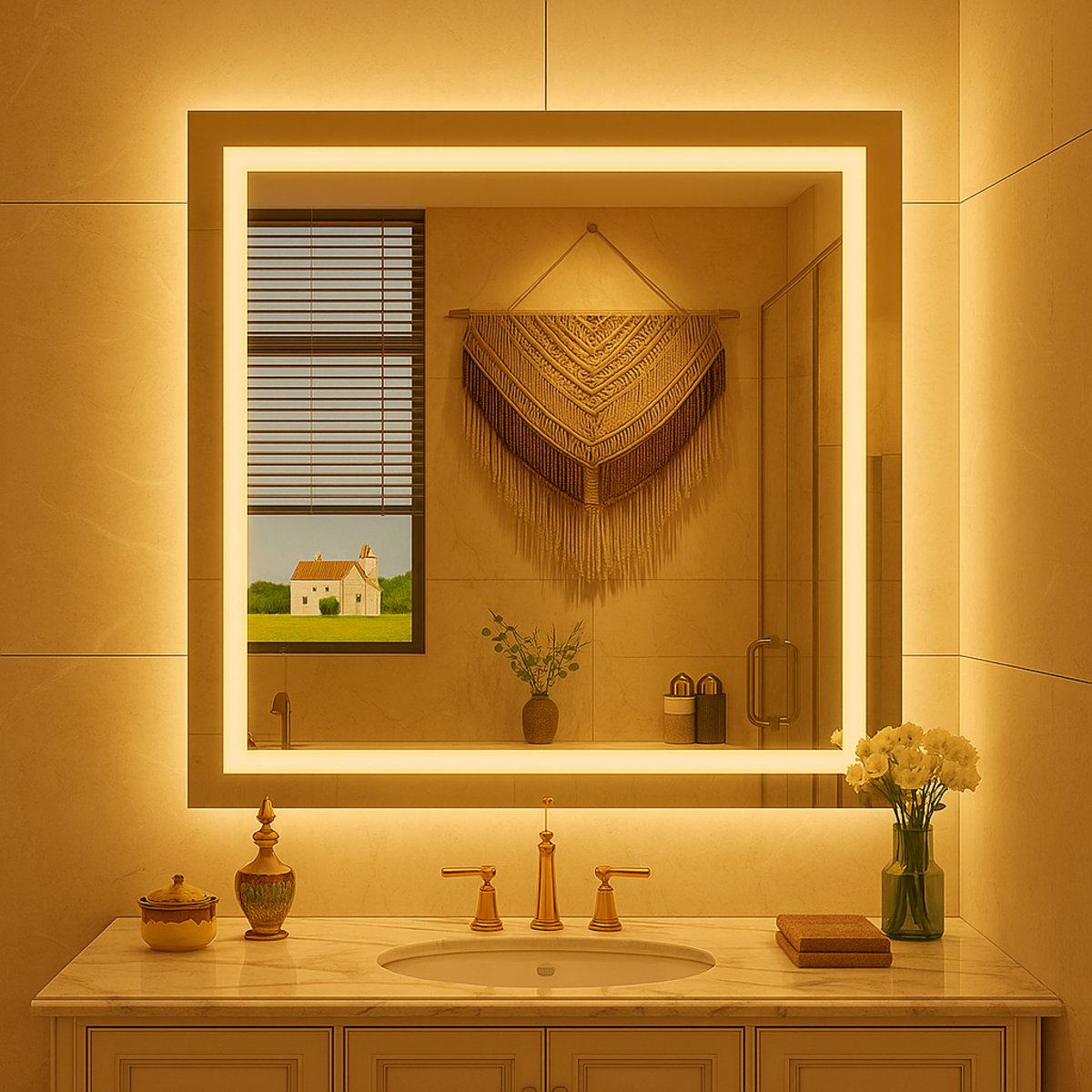 Espelho com Led Jateado Quadrado 100x100 Cm Touch-Screen Bivolt