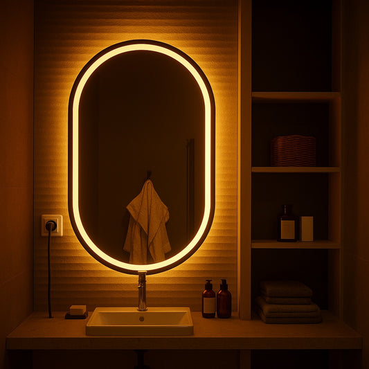 Espelho Oval Jateado com LED 70x50 cm Lapidado com Touch-Screen Premium